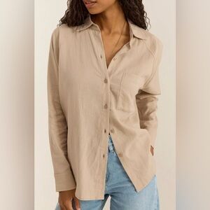 Z Supply Tan, Linen Blend Button-Down Shirt, Relaxed and Lightweight, Size M